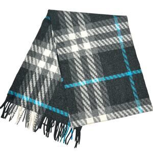 Burberry Grey Blue Plaid Check Striped Fringe 100% Cashmere Scarf